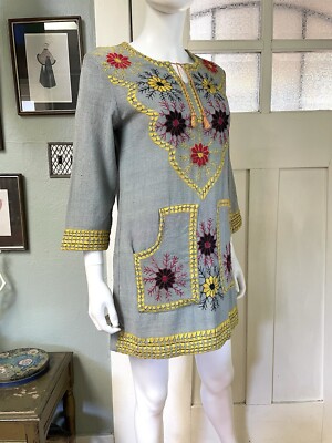 Vintage 70s Small Indian cotton light blue embroidered tunic mini dress Vintage 70s Small Indian cotton light blue embroidered tunic mini dress