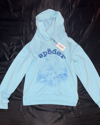 Sp5der Mens M Blue Pullover Hoodie Spider Web Graphic Fleece Cotton Logo