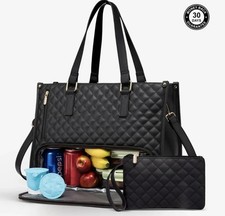 Black Quilted Tote with Insulated Compartment, Zipper Accents, and Pouch