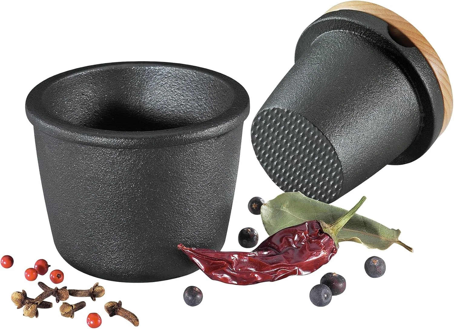 Cast Iron Spice Grinder Set with Beech Wood Lid, Spice Mill, Herb and Seed Grind