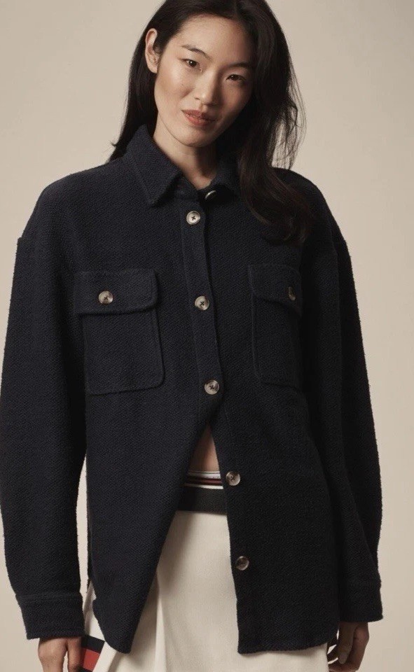By Anthropologie L Navy Knit Shacket Textured LS Oversized Pockets Top Blue