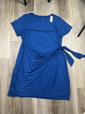 Ann Taylor Navy Blue Faux Wrap Boat Wide Neck Tie Front Sleeve Shirt Dress 22