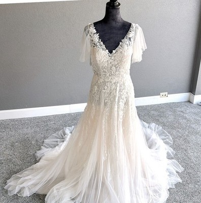 Pronovias Lake Pink Wedding Dress Size 10 Tulle & Rhinestones Removable Sleeves