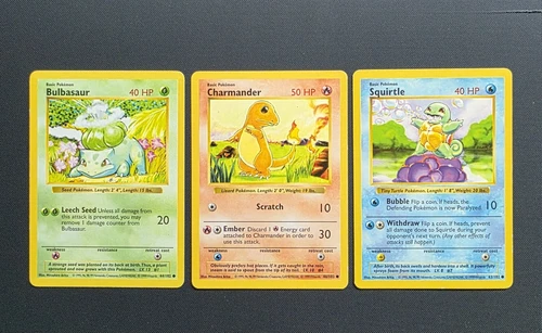 Shadowless 3 Card Lot Starter Pokemon Bulbasaur Charmander Squirtle