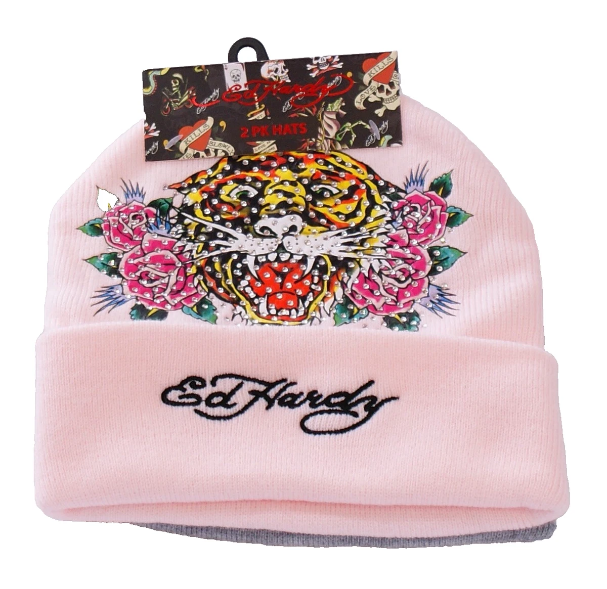 Ed Hardy Pink Tiger Rhinestone Beanie Faux Fur Pom Hat NWT Ed Hardy Tiger Crown Beanie – DTLR main image 4