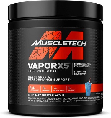MuscleTech Vapor X5 Blue Razz Freeze 252g / 30-15 serv 09/25 + Proben