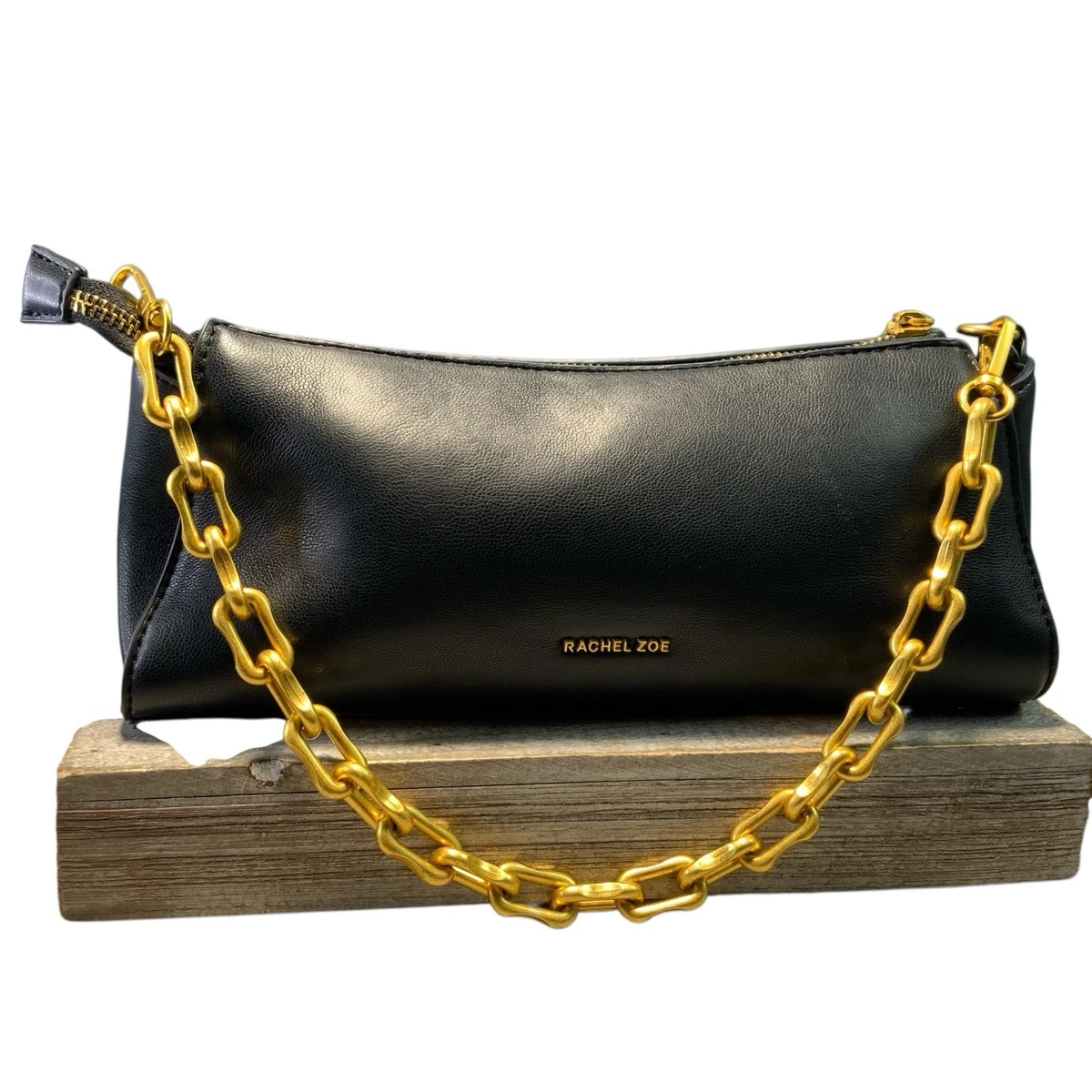 Rachel Zoe Black Belt Gold Chain Link Buckle Womens Medium 37in RACHEL ZOE BLACK FAUX QUILTED LEATHER GOLD CHAIN SHOULDER  main image 3