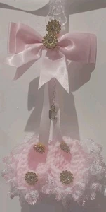 Pram charms*new*pink/white girl booties  charm hand knitted  With Princess Crown