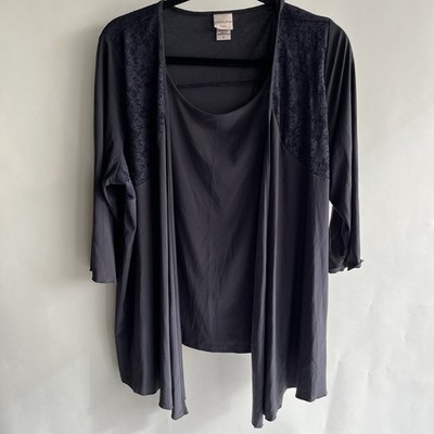 Covington Woman Layered Blouse Sz 1X Gray Lace Top 3/4 Sleeve EUC