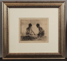 Antique DWIGHT CASE STURGES Pencil-Signed Etching Two Boys Reading a Book, NR