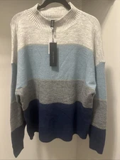 H Halston Sweater Sz XL  Blue Knit Pullover Mock Neck Gold Stitching. NWT
