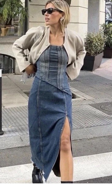 Zara Strapless Stretch Blue Denim Midi Dress Corset Large Western Boho Festival