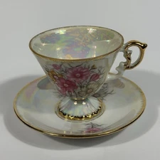 VINTAGE UCAGCO OCTOBER COSMOS CUP AND SAUCER - Footed, Gold Accents, Made/Japan