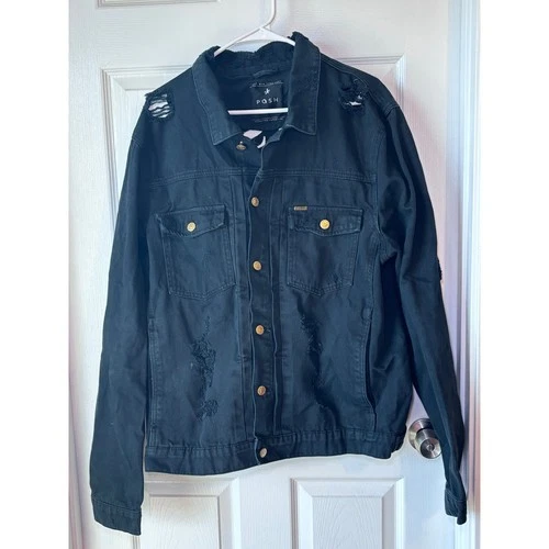 POSH Black Distressed Denim Jacket Gold Embroidered Graphic Men’s XL - product listing photo