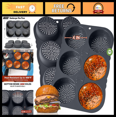 Silicone Hamburger Bun Pan - 4 Inch Mold, 6 Cup Baking Tray for Homemade Buns, D