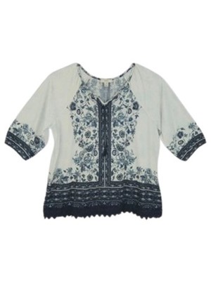 CJ Banks 2X Blue White Floral Boho Blouse Lace Hem Rhinestone Plus