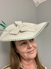 Hat Fascinator White Green Sparkling Beads Around It Sparkly Bow Green Feathers
