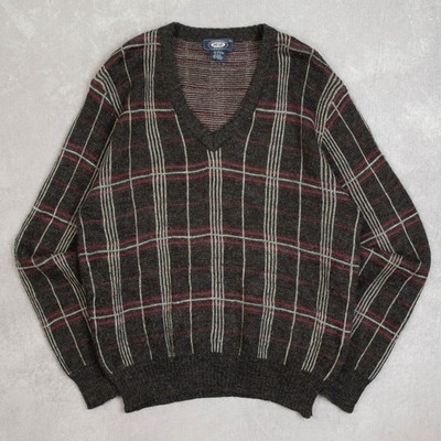 Vintage Karierter Strickpullover X-Large Herren 90er Jahre Grau V-Ausschnitt