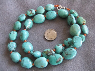21'' Vintage Natural Turquoise Coral Bead Necklace S/S Clasp  74.6 Grams 