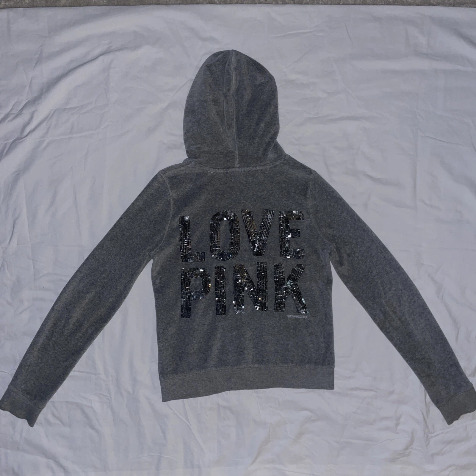 UNDERCOVER Felpa con cappuccio Victorias Secret LOVE ROSA grafica SEQUINS BLING velluto taglia small fuori produzione