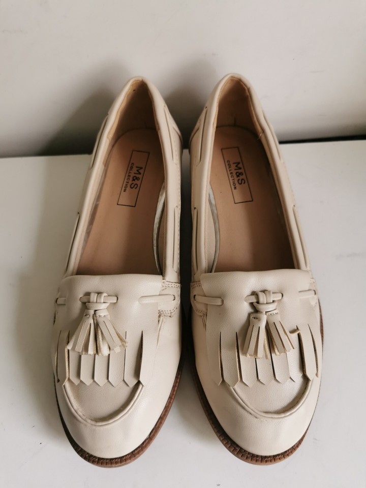 M&S COLLECTION UK 3 EU 36 WOMENS CREAM/IVORY WHITE LEATHER LOAFERS FLAT