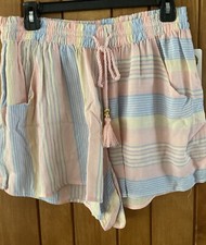 New PJ Salvage L Pajama Shorts Bottom Rayon Stripe Pockets Tassel Tie