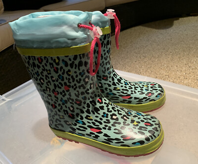 rain boots kids size1 Girl Blue Animal Print Teal Pink UK