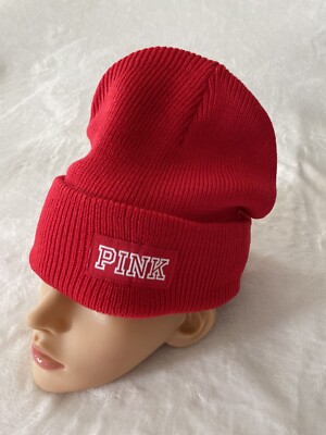 Victoria's Secret PINK Ribbed Beanie Warm Hat RED White Logo OS
