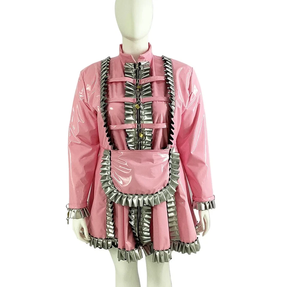 Vestido Sissy Brillante Cuero PVC Manga Completa Uniformes de Mucama Talla Grande S-7XL Foto 2 de 4