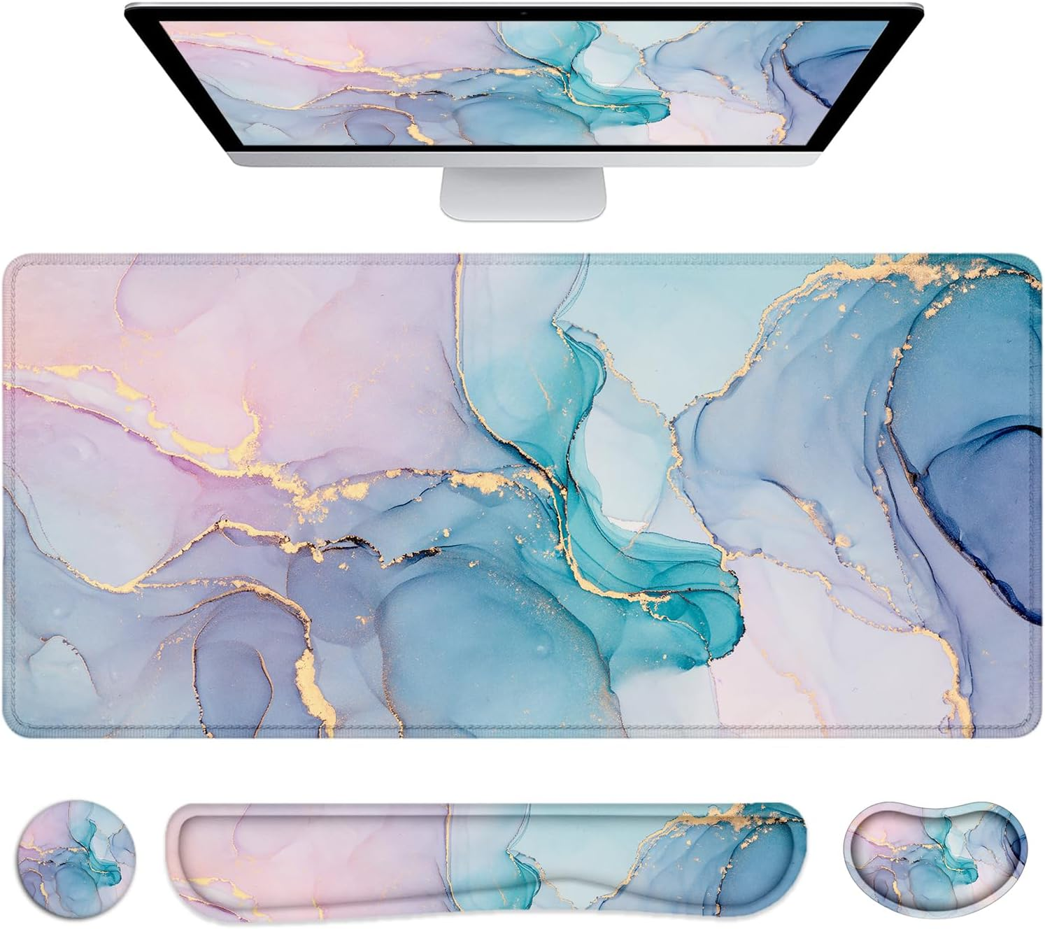 Extra-Large 4-in-1 Desk Pad with Mouse Mat & Wrist Rest for Keyboard Comfort