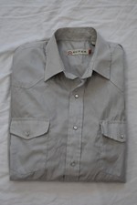 VTG Roper Men's Western Pearl Snap SS gray "shiny" poly horseshoes fabric size M