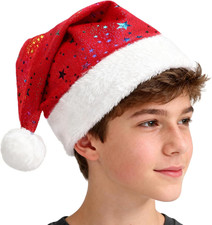 Santa Hat Red Christmas Hats with Stamping Colorful Stars White Plush Brim Pom-P