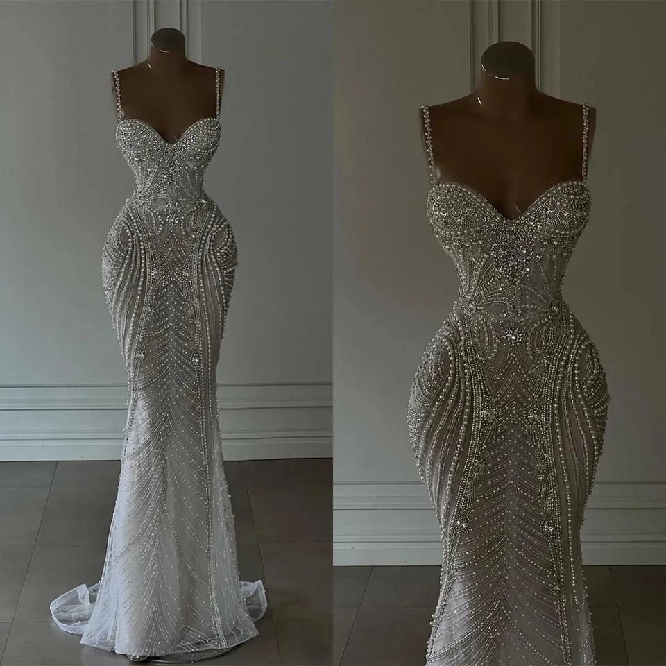 Luxury Mermaid Wedding Dress Sweetheart Pearls Chain Beads Backless Bridal Gown - Image 2 of 4
