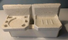 Vtg Glossy Cream Gold Speckled Ceramic Soap Dish  Cup Toothbrush Holder Shower