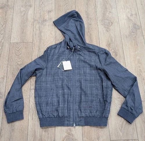 $1990 Mens Brett Johnson Virgin Wool Check Windbreaker Jacket Navy 52 US 42 - product listing photo