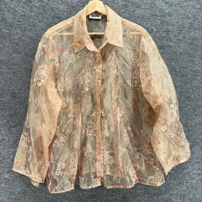 Selene Shirt Women 2X Plus Beige Floral Button Up Collared Long Sleeve Sheer Top