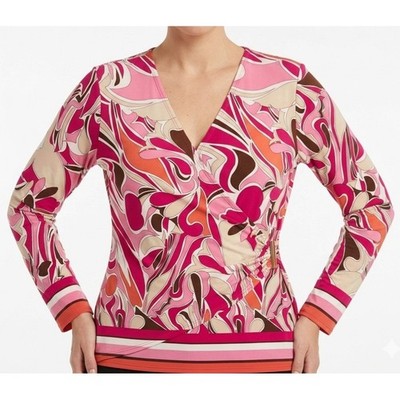 NWT Adrienne Vittadini Faux Wrap Top L Pink Orange Psychedelic Swirl Mod V-Neck