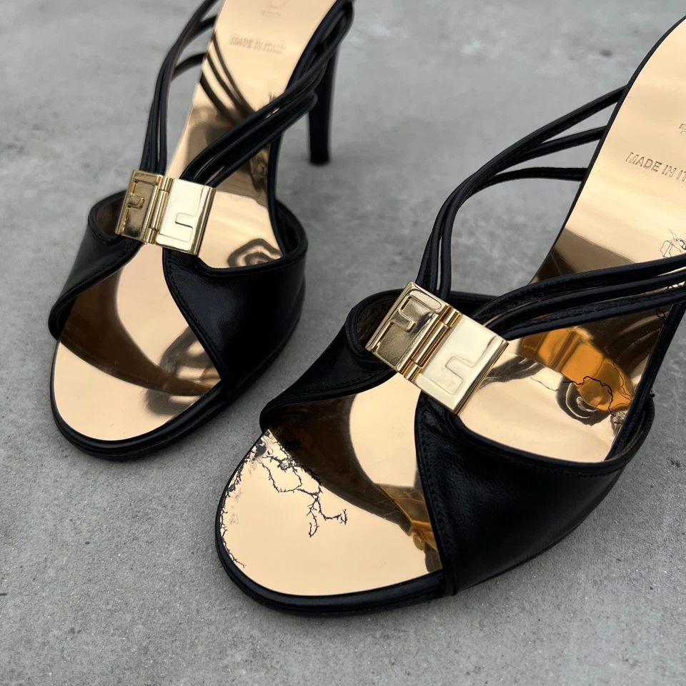 Fendi | Authentic Vintage Black Leather Gold Monogram Hardware Strappy Mules(35) - Image 3 of 4