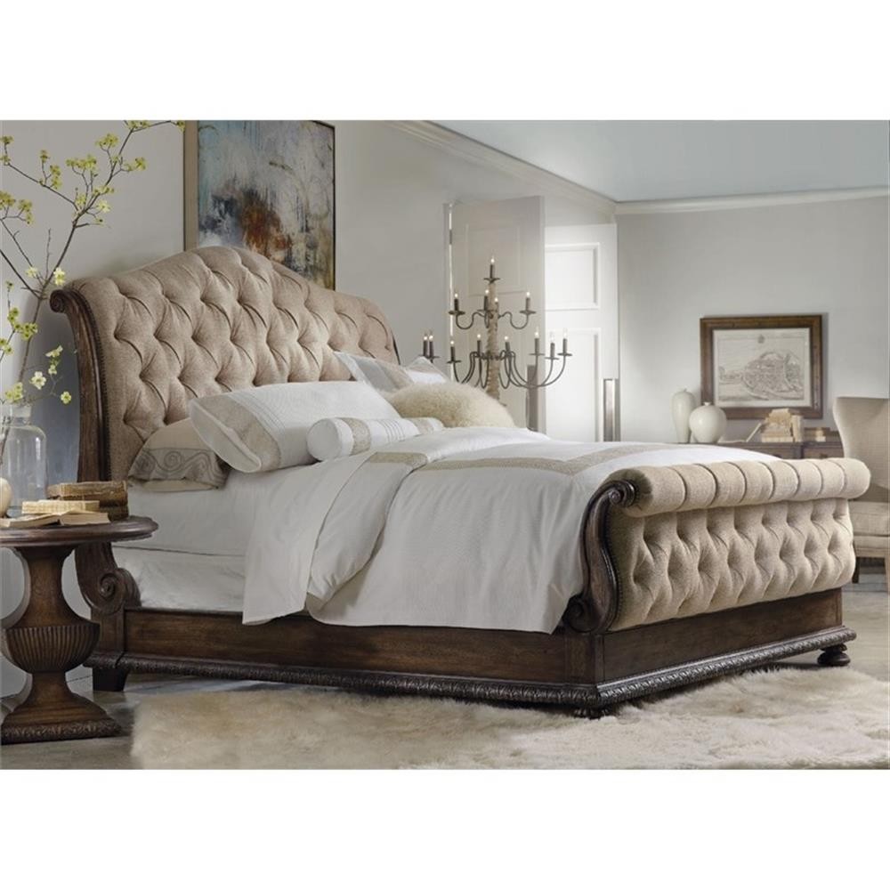 Beaumont Lane Tufted Sleigh King Bed with Exposed Wood Frame