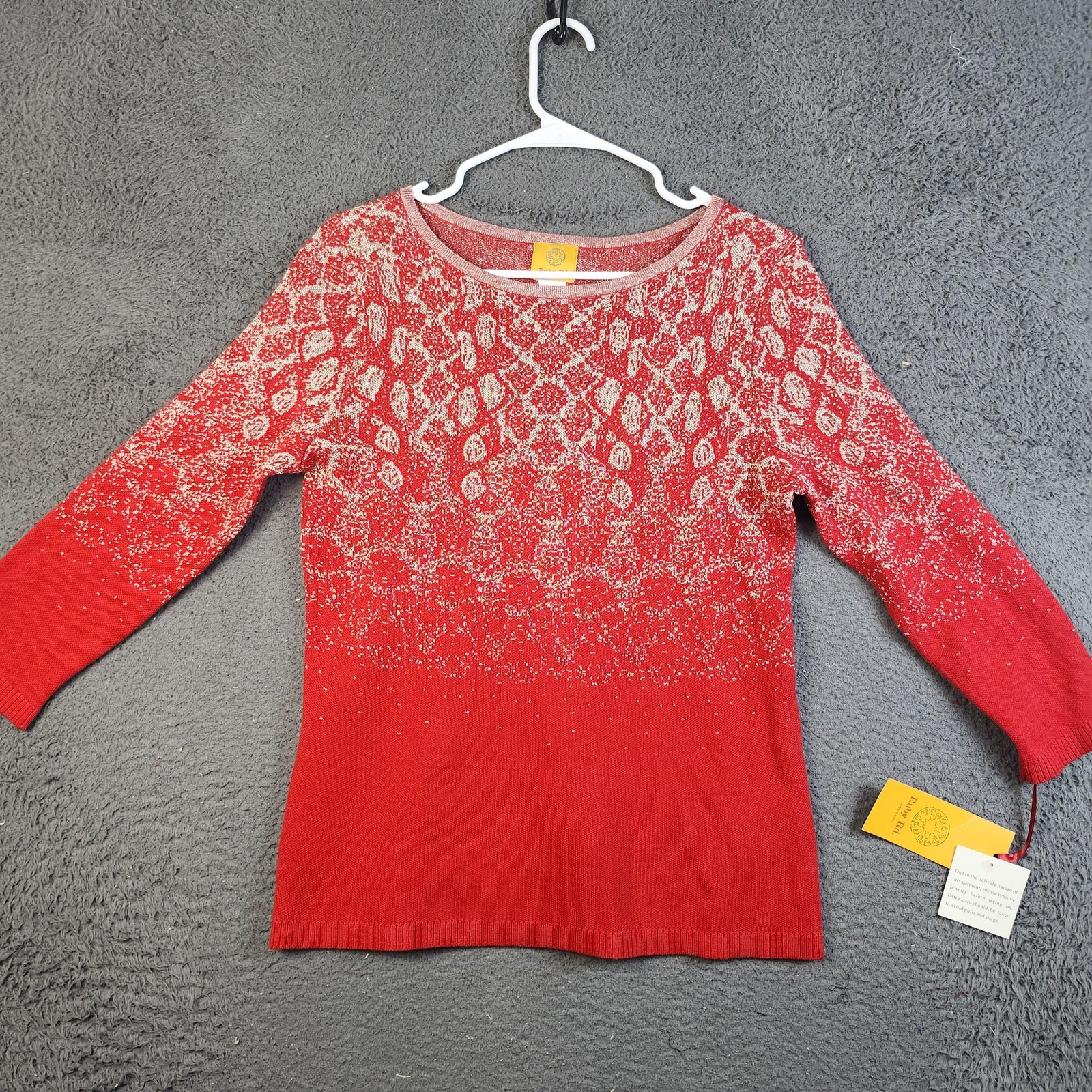 Ruby Rd Sweater Womens Small Red Metallic Animal Print 3/4 Sleeve Pullover Knit