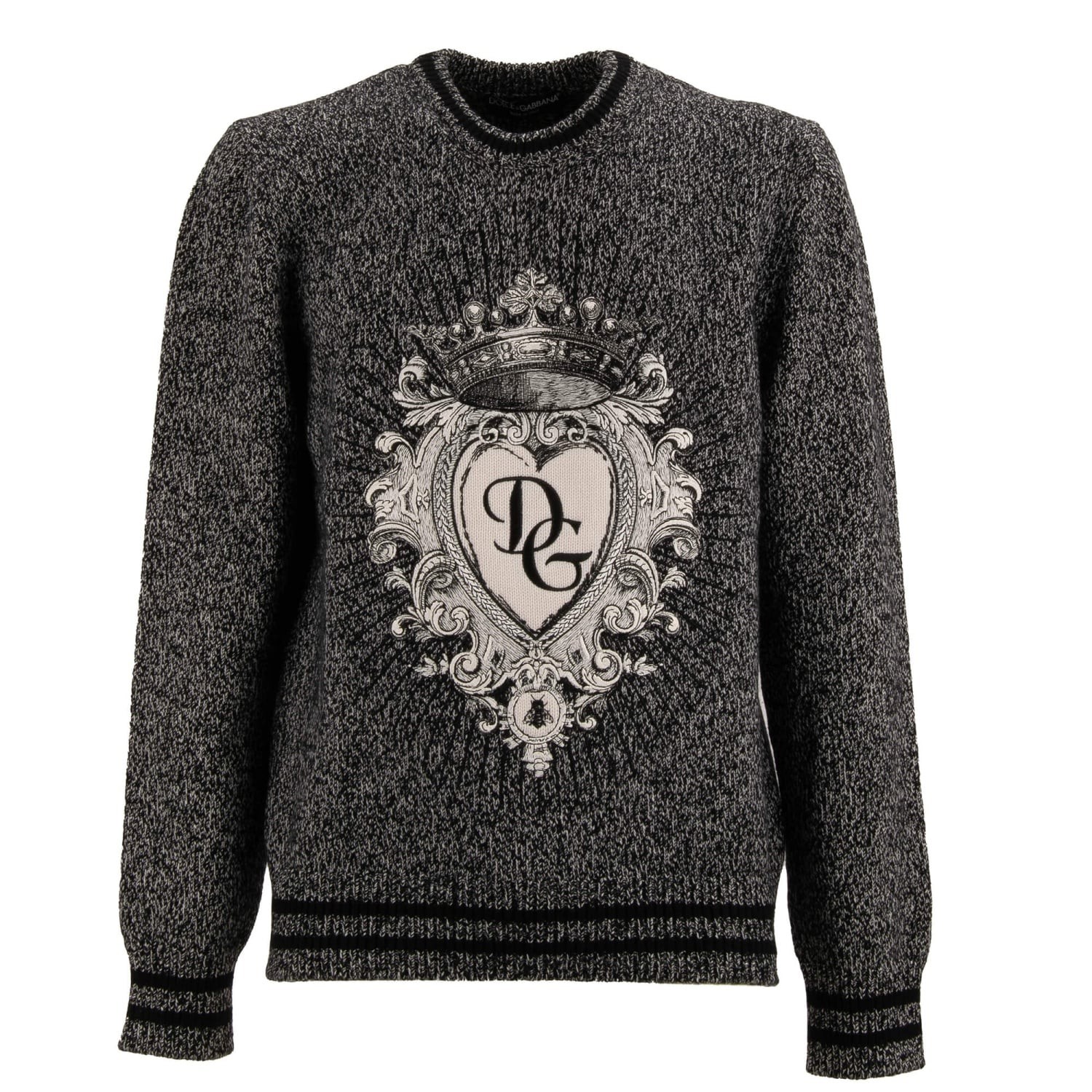 DOLCE & GABBANA DG Pullover In Cashmere Barocco Cuore Nero Bianco 48 M