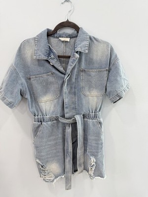 Love & Harmony Denim Romper M Distressed Tie Waist Short Sleeve Cowgirl Festival