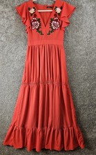 Boohoo Maxi Dress 6 Red Flutter Sleeves Boho Cottagecore Embroidery Festival...