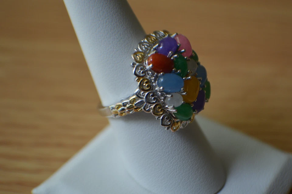 6.60ct Natural Multi Color Jade Ring 18k YG & Rhodium over Fine Silver Size 8 - Image 2 of 4