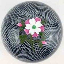 Perthshire 1991E Pink and White Rose Lampwork Flower Latticinio Dome Paperweight