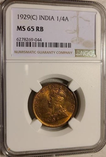 India 1/4 Anna 1929C NGC MS 65 RB