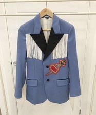 Gucci Blue Fringed Heart-appliqué Wool-blend Tuxedo Jacket Size 38 
