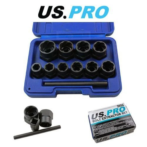 US PRO Tools 11pc Bolt Nut Extractor Set, Damaged Heads Studs Twist Sockets 2656