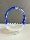Vintage Fenton Glass Blue Handle Miniature Basket Iridescent White Opalescent