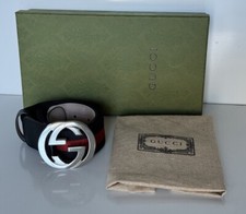 NWT Gucci Web GG Silver Buckle Leather/Fabric Belt Blue/Red 80/32 Italy 411924